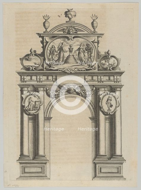 Triumphal arch, from 'Éloges et discours sur la triomphante réception du Roy en sa ville d..., 1629. Creator: Melchior Tavernier.