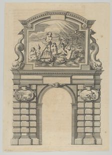Triumphal arch, from Éloges et discours sur la triomphante réception du Roy en sa ville d..., 1629. Creator: Melchior Tavernier