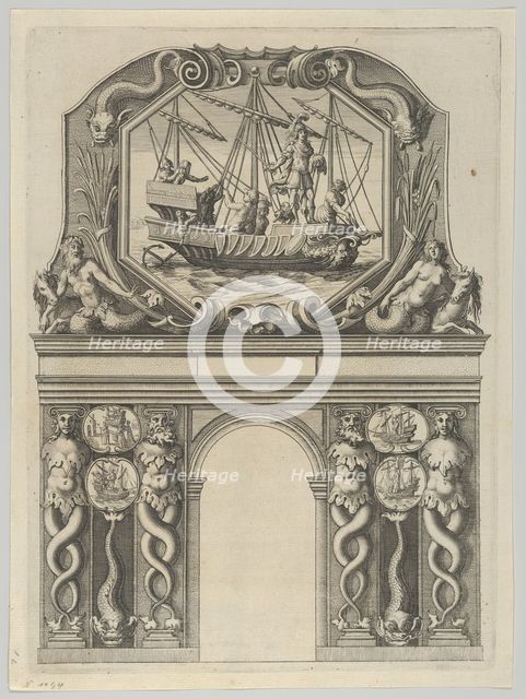 Triumphal arch, from 'Éloges et discours sur la triomphante réception du Roy en sa ville d..., 1629. Creator: Melchior Tavernier.