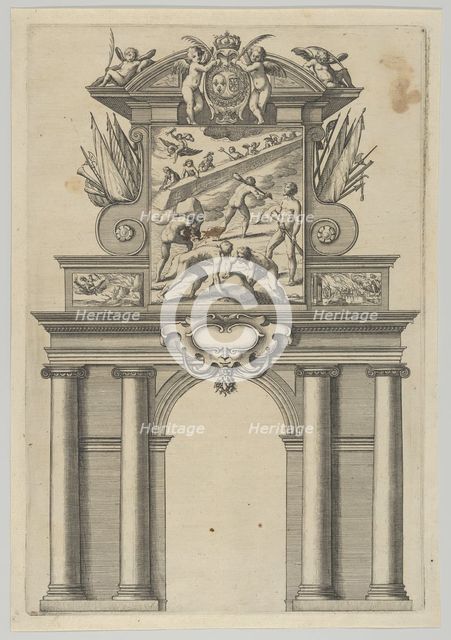 Triumphal arch, from 'Éloges et discours sur la triomphante réception du Roy en sa ville d..., 1629. Creator: Melchior Tavernier.
