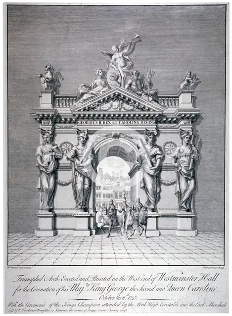 Triumphal arch on the west end of Westminster Hall, London, 1727.                                    Artist: Pierre Fourdrinier