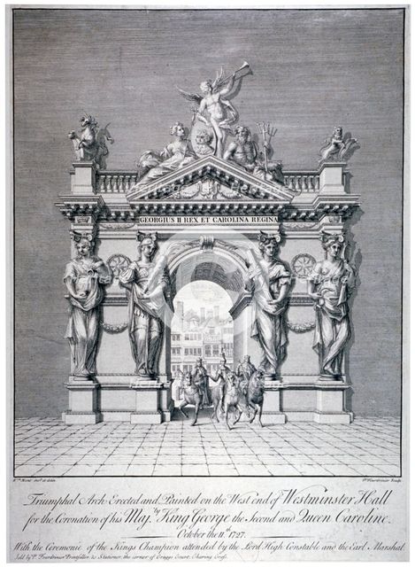 Triumphal arch on the west end of Westminster Hall, London, 1727.                                    Artist: Pierre Fourdrinier