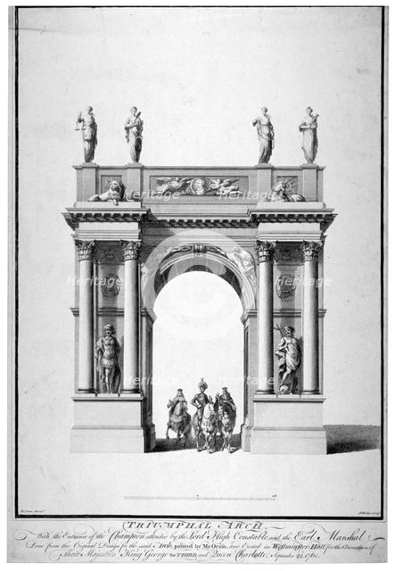 Triumphal arch on the west end of Westminster Hall, London, 1761.                                    Artist: Anthony Walker