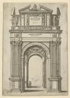 Triumphal arch surmounted by woman seated on a dolphin, four standing figures below, a tem..., 1598. Creator: Guido Reni