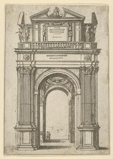 Triumphal arch surmounted by woman seated on a dolphin, four standing figures below, a tem..., 1598. Creator: Guido Reni