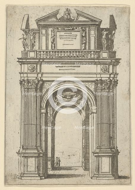 Triumphal arch surmounted by woman seated on a dolphin, four standing figures below, a tem..., 1598. Creator: Guido Reni.