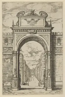 Triumphal arch surmounted by a statue of Moses, buildings seen through the arch below, a t..., 1598. Creator: Guido Reni