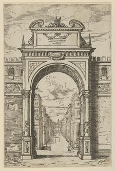 Triumphal arch surmounted by a statue of Moses, buildings seen through the arch below, a t..., 1598. Creator: Guido Reni