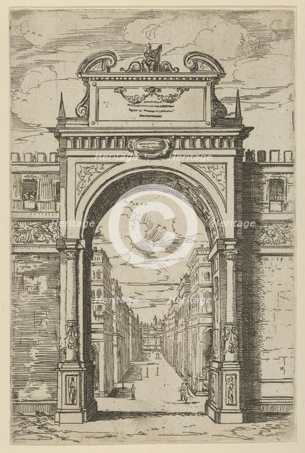 Triumphal arch surmounted by a statue of Moses, buildings seen through the arch below, a t..., 1598. Creator: Guido Reni.