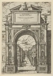 Triumphal arch surmounted by a statue representing the city of Bologna, buildings seen thr..., 1598. Creator: Guido Reni