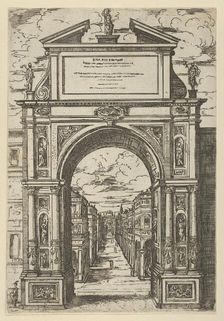 Triumphal arch surmounted by a statue representing the city of Bologna, buildings seen thr..., 1598. Creator: Guido Reni