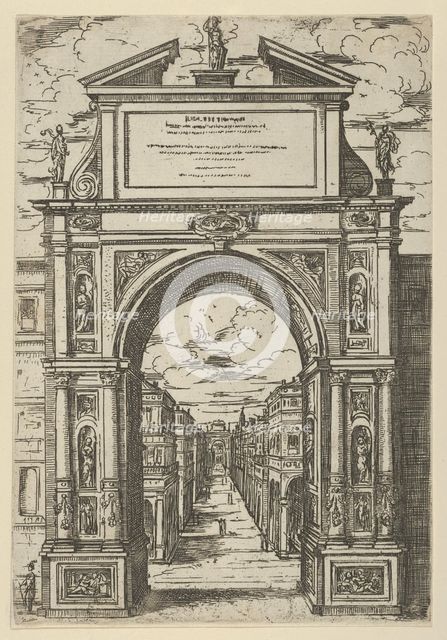 Triumphal arch surmounted by a statue representing the city of Bologna, buildings seen thr..., 1598. Creator: Guido Reni.