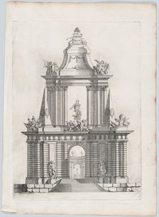 Triumphal arch with three crowns at top, a fountain in the distance, 1726. Creator: Carl Hårleman