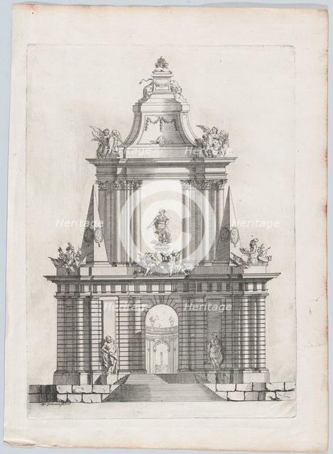 Triumphal arch with three crowns at top, a fountain in the distance, 1726. Creator: Carl Hårleman.