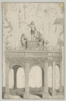 Triumphal arch with sculpture of Louis XIV as Apollo and fireworks in the backgrou..., 17th century. Creator: Anon