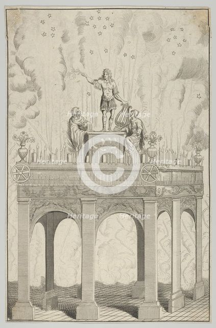 Triumphal arch with sculpture of Louis XIV as Apollo and fireworks in the backgrou..., 17th century. Creator: Anon.