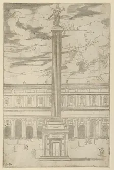 Triumphal column with female figure of Fame holding a trumpet at the top, a temporary deco..., 1598. Creator: Guido Reni