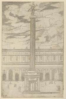 Triumphal column with female figure of Fame holding a trumpet at the top, a temporary deco..., 1598. Creator: Guido Reni