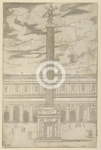 Triumphal column with female figure of Fame holding a trumpet at the top, a temporary deco..., 1598. Creator: Guido Reni.