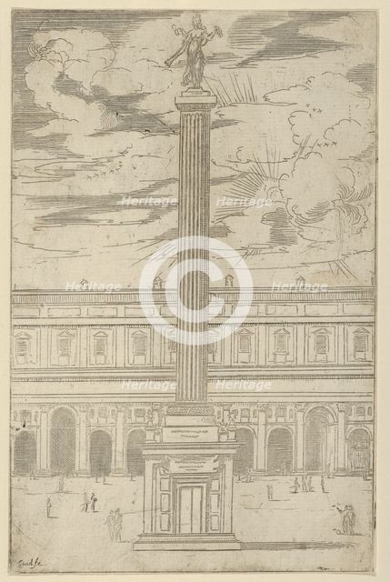 Triumphal column with female figure of Fame holding a trumpet at the top, a temporary deco..., 1598. Creator: Guido Reni.