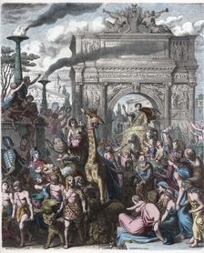 Triumphal procession entering the city of Rome, engraving 1868