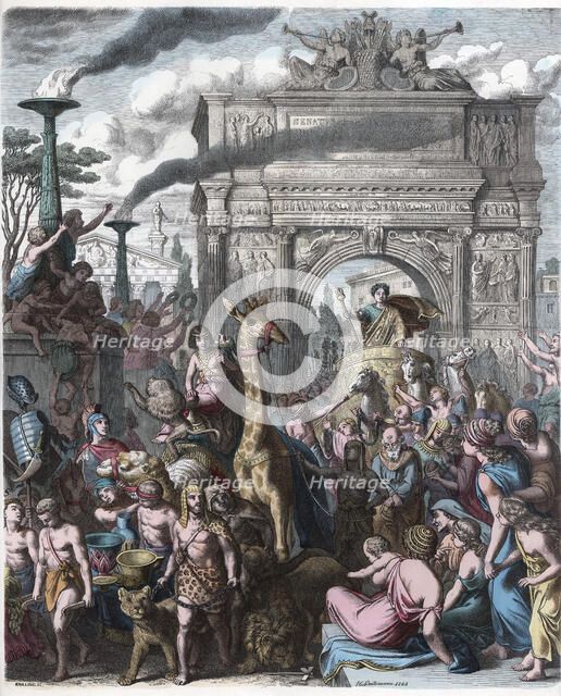 Triumphal procession entering the city of Rome, engraving 1868.