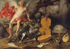 Triumphant Cupid among Emblems of Art and War, 17th century. Creators: Thomas Willeboirts, Paul de Vos