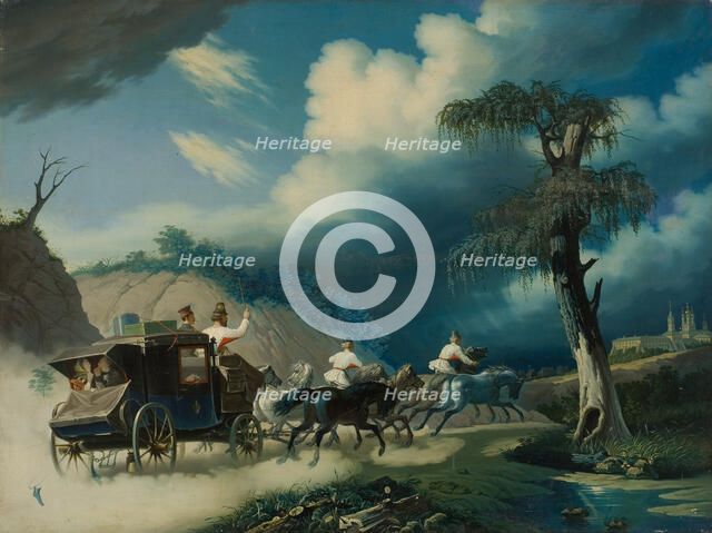 Troika during a thunderstorm, 1830s. Creator: Hampeln, Carl, von (1794-after 1880).