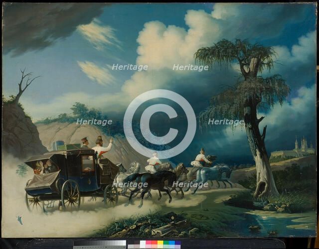 Troika during a thunderstorm, 1830s. Creator: Hampeln, Carl, von (1794-after 1880).