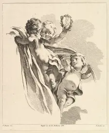 Trois Amours dont un tient un couronne, de Quatrième Livre de Groupes d'Enfans, 18th century. Creator: Pierre Alexandre Aveline