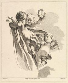 Trois Amours dont un tient un couronne, de Quatrième Livre de Groupes d'Enfans, 18th century. Creator: Pierre Alexandre Aveline