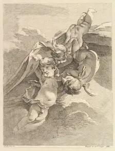 Trois Amours soutenant une draperie (Three Loves Holding a Drapery), from Premier Livre de Gro.... Creator: Pierre Alexandre Aveline