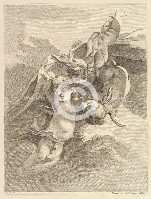 Trois Amours soutenant une draperie (Three Loves Holding a Drapery), from Premier Livre de Gro.... Creator: Pierre Alexandre Aveline.