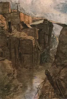 Trois aquarelles du front; Tranchee entre Bethincourt et le bois de Forges, 1916. Creator: Douy Pascault