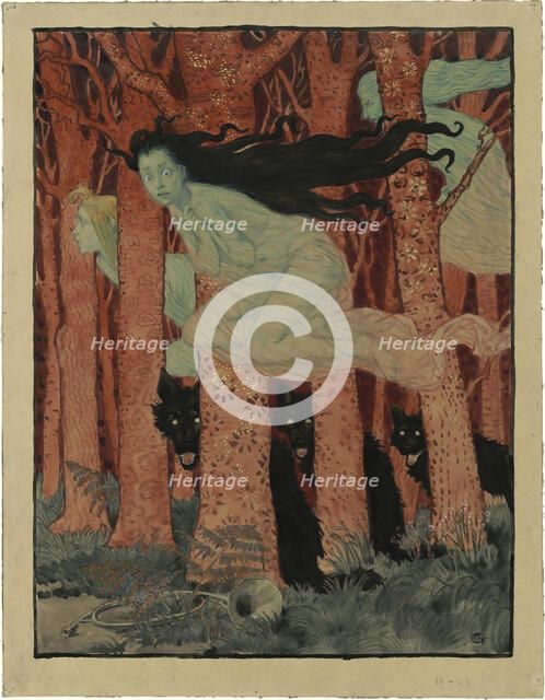 Trois femmes et trois loups (Three women and three wolves), ca 1892. Creator: Grasset, Eugène (1841-1917).