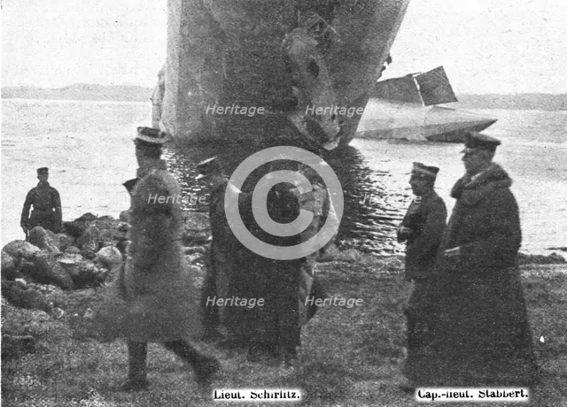 'Trois Zeppelins detruits en trois jours. Le "L20" dans un fjord de Norvege; Le capitaine..., 1916. Creator: Unknown.