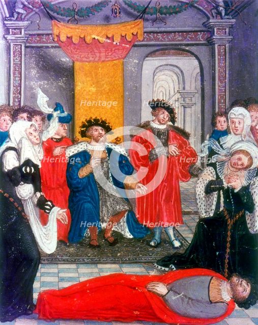 Trojan War: King Priam of Troy mourning over the body of his son Hector, 16th century. Artist: Unknown