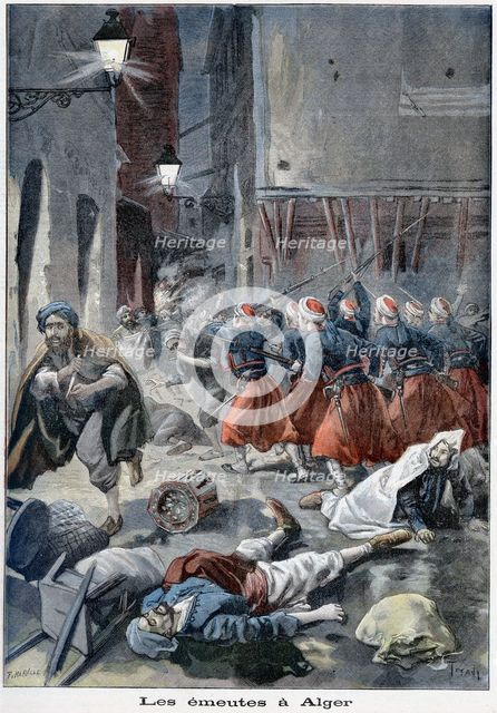 Troops attempting to clear streets during anti-Jewish riots, Algiers, Algeria, 1898. Artist: Unknown