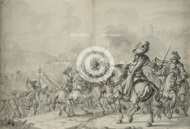 Troops advance towards a fortified city. Creator: Pieter Verhoek.