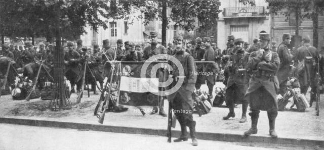 Troops and flag of the French 102nd infantry, Saint-Francois-Xavier, Paris, France, August 1914. Artist: Unknown