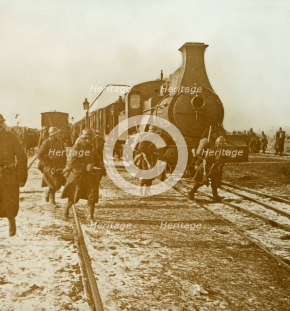 Troops disembarking from steam train, c1914-c1918. Artist: Unknown.