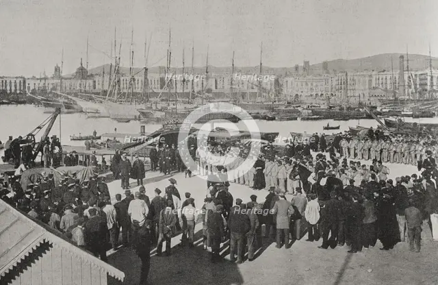 Troops embarkation for the island of Cuba from the port of Barcelona, Spain, 25 February 1898.  Creator: Unknown.