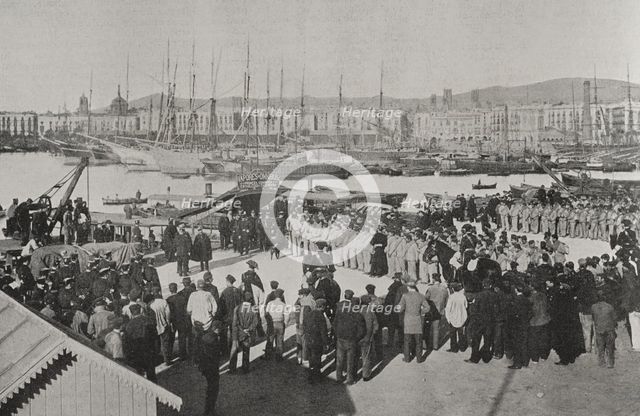 Troops embarkation for the island of Cuba from the port of Barcelona, Spain, 25 February 1898.  Creator: Unknown.