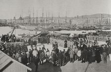 Troops embarkation for the island of Cuba from the port of Barcelona, Spain, 25 February 1898. Creator: Unknown