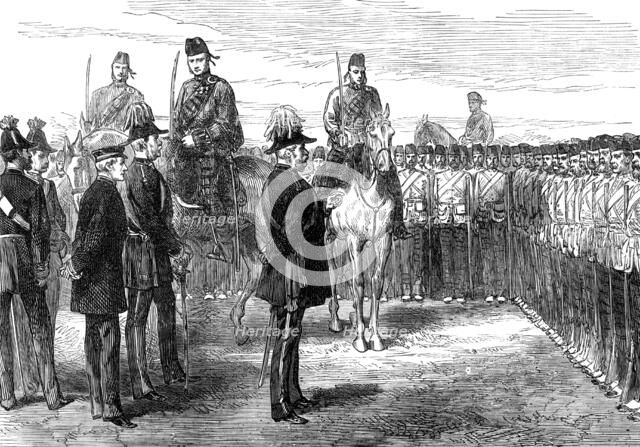 ...troops from the Ashantee War: the Duke of Cambridge addressing the 42nd Highlanders, 1874. Creator: Unknown.