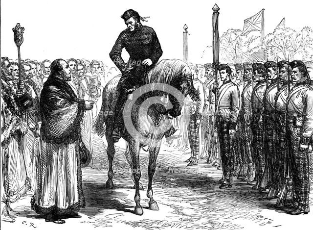 ...troops from the Ashantee War: the Mayor of Portsmouth congratulating the 42nd Highlanders, 1874. Creator: Unknown.