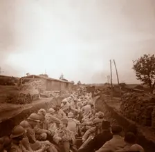 Troops in open train carriages, Genicourt, northern France, c1914-c1918