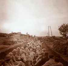 Troops in open train carriages, Genicourt, northern France, c1914-c1918