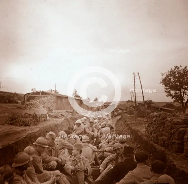 Troops in open train carriages, Genicourt, northern France, c1914-c1918. Artist: Unknown.