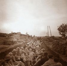 Troops in open train carriages, Genicourt, northern France, c1914-c1918